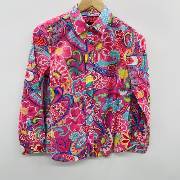 Talbots Womens Petite Size P Paisley Floral Print Button Down Blouse Pink 2343 - Picture 2 of 7